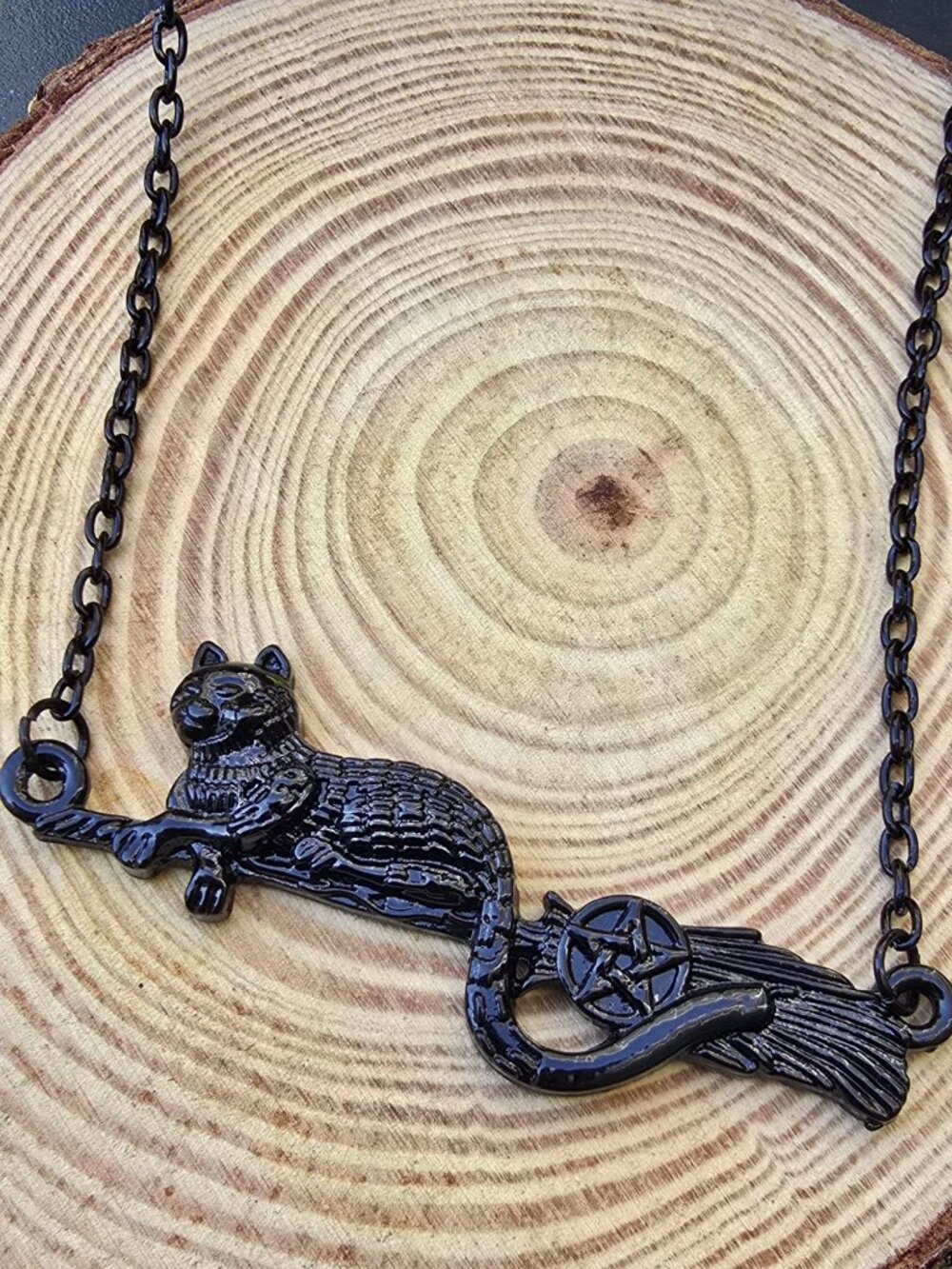 Cat on Broom ✦ Witch Familiar Pendant ✦ Gothic Alt Celestial Necklace NWT - Picture 5 of 8